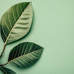 Two large green leaves with visible veins are placed on a light green background with a slight texture.