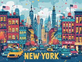 Wall Mural - A colorful cityscape of New York with a yellow taxi cab driving down a street. The city is full of life and energy, with tall buildings and a bustling atmosphere. The sky is filled with clouds