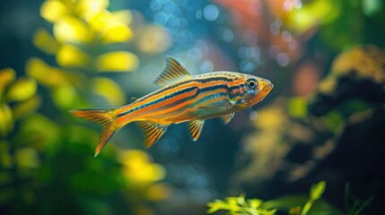 Wall Mural - Colorful Striped Fish in Aquarium.