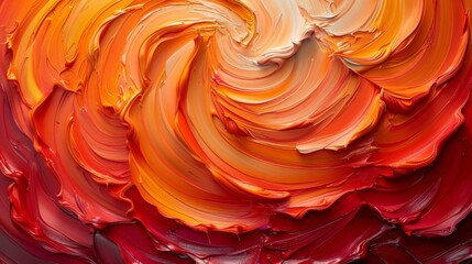 A fiery abstract composition using impasto technique, where bright orange and fiery red swirl together. 