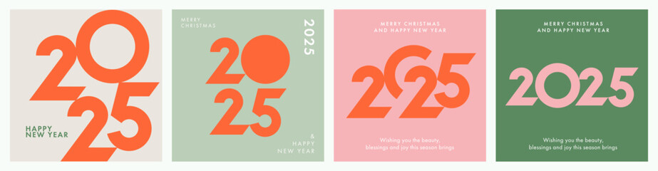 Aufkleber - Creative concept of 2025 Happy New Year posters set. Minimalist trendy geometric design templates with typography logo 2025 for celebration and season decoration, branding, banner, cover, card