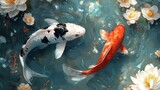 Koi Fish in Water Lily Pond.
