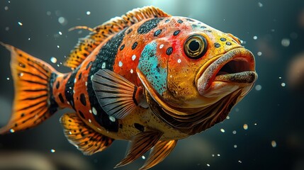 Wall Mural - Colorful Fish with Open Mouth Underwater.