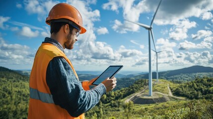 Renewable energy engineer working on a wind turbine maintenance project in a remote landscape, 