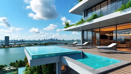 Wall Mural - Stunning luxury penthouse terrace featuring a pool with breathtaking views of Miami skyline, designed by generative AI