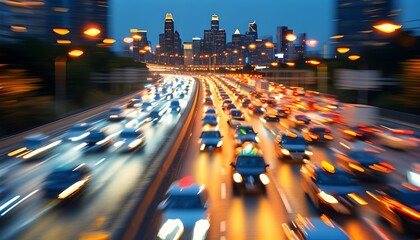 Wall Mural - Vibrant urban highway at evening rush hour, showcasing motion blur of traffic against a backdrop of a luminous city skyline