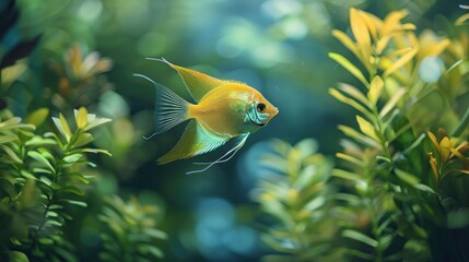 Wall Mural - Golden Angelfish Swimming in Green Aquarium.