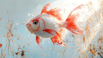 Aufkleber - Red and White Fish Watercolor Painting.