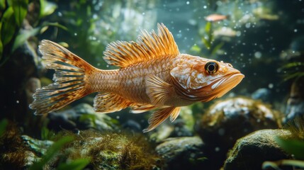 Orange fish in an aquarium with green plants.