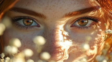 Wall Mural - Close-up Portrait of a Woman with Freckles and Green Eyes