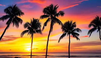 Wall Mural - Vibrant tropical sunset with silhouetted palm trees against a colorful sky, evoking feelings of vacation and exotic travel adventures