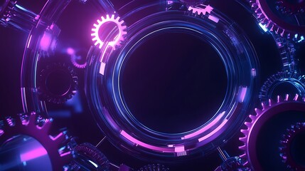 Abstract glowing purple and blue gears with circular frame on black background.