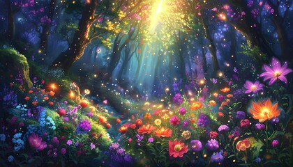 Wall Mural - Mystical forest illuminated by enchanting glowing lights and vibrant flowers, creating a captivating fantasy landscape.