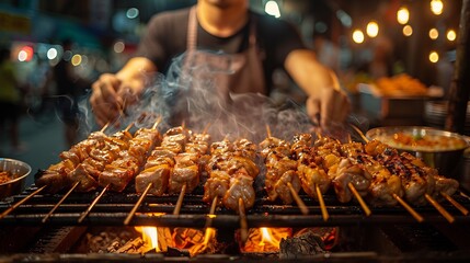 Wall Mural - Street vendor grilling skewers of meat at a night market in Southeast Asia with smoke rising and colorful lights illuminating the scene