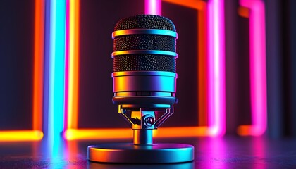 Wall Mural - Futuristic microphone embodying neon cyberpunk aesthetics with minimalist design, spotlighted amidst colorful lights and abstract shapes.