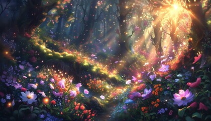 Wall Mural - Mystical forest illuminated by enchanting glowing lights and vibrant flowers, creating a captivating fantasy landscape.