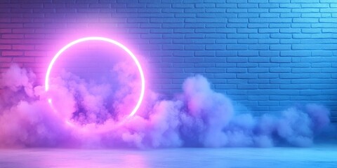 bright geometric neon lights on wall with smoke with empty floor