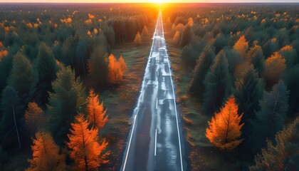 Aerial perspective of winding asphalt road through vibrant autumn forest with coniferous trees illuminated by sunset glow