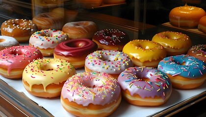 Wall Mural - Tempting display of assorted freshly baked donuts with vibrant icing in bakery window, inviting indulgence and culinary delight for passersby.