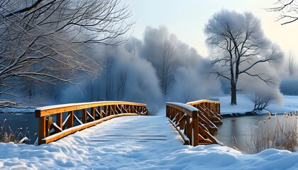 Wall Mural - Serene snowy landscape featuring a rustic wooden bridge on a tranquil winter day