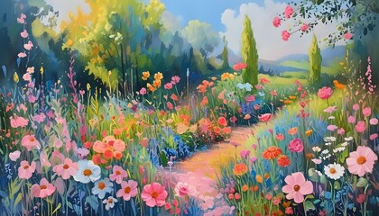 Wall Mural - Whimsical Charm of Pastel Flowers in Artistic Oil Paintings Capturing Vibrant Garden Beauty