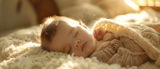 Wall Mural - A peaceful newborn baby sleeps soundly, wrapped in soft blankets, bathed in gentle morning light. Free copy space for banner.