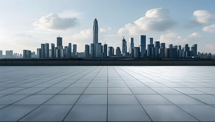 Wall Mural - Urban skyline backdrop with an open square floor, showcasing the fusion of architecture and AI creativity