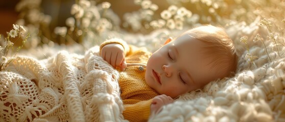 Wall Mural - A peaceful newborn baby sleeps soundly, wrapped in soft blankets, bathed in gentle morning light. Free copy space for banner.