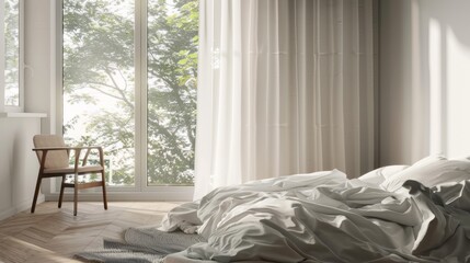 Wall Mural - A corner view of a cozy bedroom, featuring a neatly made bed, a plush carpet, a functional work table and chair, and a panoramic window offering breathtaking views