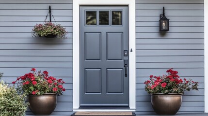 Wall Mural - Small square ornamental windows and flower pots in front of a gray front door