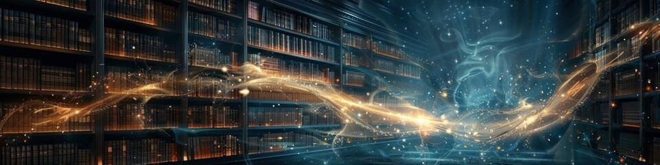 Wall Mural - Inside a computer, a digital library with dark, matte bookshelves filled with books that emit a soft, golden glow.