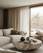 © Dariya - A cozy living room with earthy tones, featuring an oversized stone coffee table and textured curtains, showcases the perfect blend of comfort and style in contemporary home decor