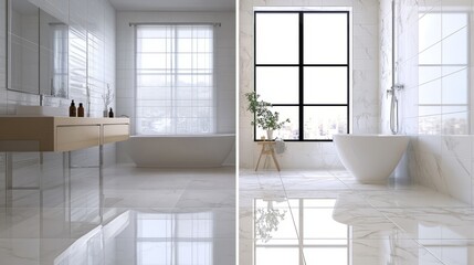 Wall Mural - Side-by-side comparison of dirty and clean grout, highlighting the transformative power of grout cleaning and the impact it has on the overall appearance of a bathroom