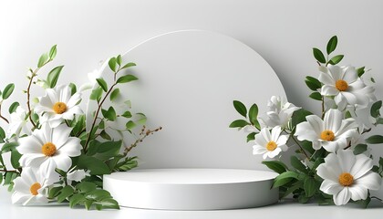 Wall Mural - Elegant 3D podium showcasing white flower and leaf, perfect for beauty and cosmetic product presentations in a serene spring and summer aesthetic