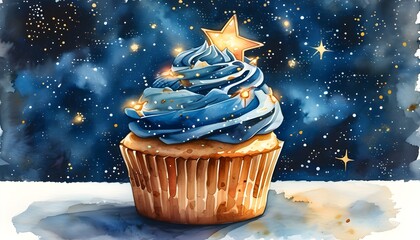 Wall Mural - Whimsical cupcake and ice cream in a starry night fantasy with vibrant watercolor hues