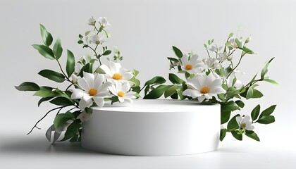 Wall Mural - Elegant 3D podium showcasing white flower and leaf, perfect for beauty and cosmetic product presentations in a serene spring and summer aesthetic