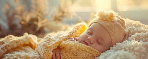 Wall Mural - A peaceful newborn baby sleeps soundly, wrapped in soft blankets, bathed in gentle morning light. Free copy space for banner.