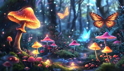 Wall Mural - Magical forest filled with glowing mushrooms and enchanting butterflies in a whimsical fantasy landscape