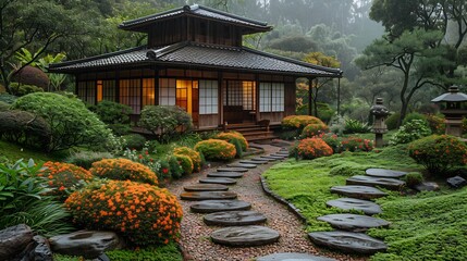 Canvas Print - Traditional Japanese tea garden with stone pathways vibrant flowers and a small pagoda creating a serene peaceful atmosphere