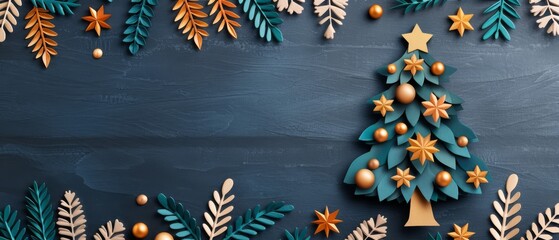 Festive Christmas tree with gold ornaments and leaves on a dark blue wooden background, perfect for holiday celebrations and seasonal decorations.