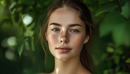 Wall Mural - Natural beauty of a young woman with freckles embracing skin positivity amidst lush green foliage in a tranquil outdoor setting