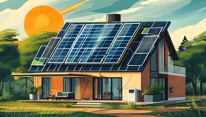 Eco-friendly modern house featuring solar panels and a heat pump in a sustainable design illustration