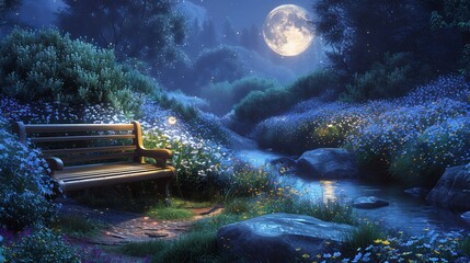 Canvas Print - Tranquil moonlit garden with blooming nightblooming flowers a stone bench and a gentle stream under a full moon