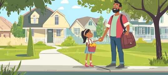 A father stands in the middle of his driveway, holding out an apple to his daughter as she walks towards him . The background is a suburban neighborhood with trees and houses in a flat cartoon style. 