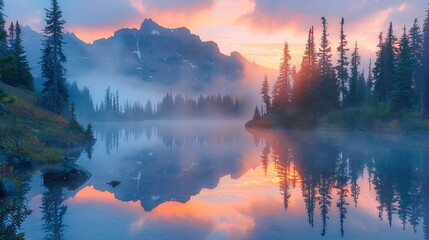 Wall Mural - Tranquil mountain lake at sunrise with mist rising from the water and towering pine trees reflecting in the calm surface