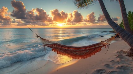 Tropical beach at sunrise with soft pastel clouds a hammock tied between two palm trees and gentle waves lapping the shore