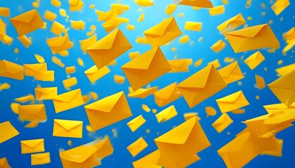 Wall Mural - Whimsical scene of floating yellow envelopes against a blue sky, symbolizing communication and connectivity in a creative atmosphere