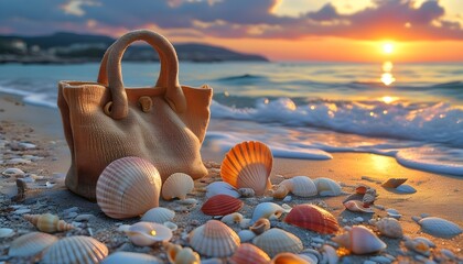 Wall Mural - Seashells and beach bag scattered on the shore at sunset, capturing the essence of coastal beauty and tranquility