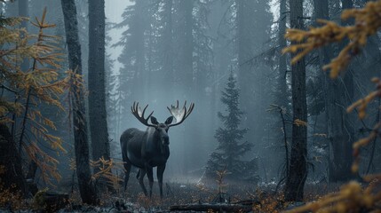 Poster - Moose in Misty Forest