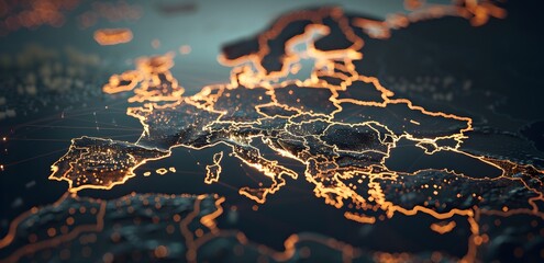 Poster - A map of Europe with glowing connections between cities, representing global connectivity and digital transformation